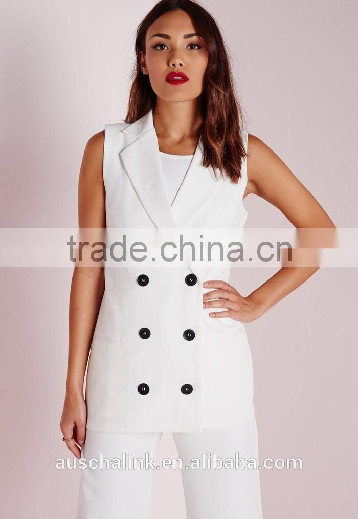 women fancy white sleeveless double breasted slim fit blazer