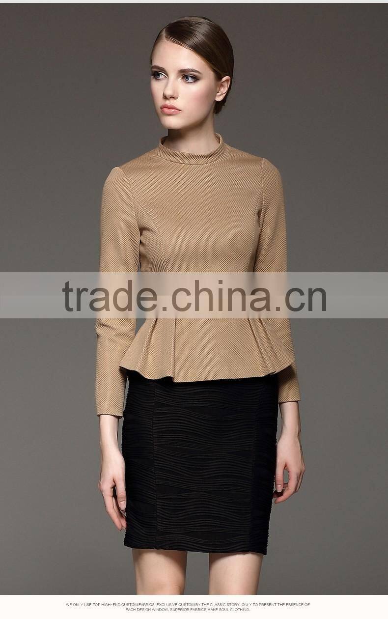 Autumn Season Ladies Fashion Long Sleeve Ruffled Stand Collar Blouse