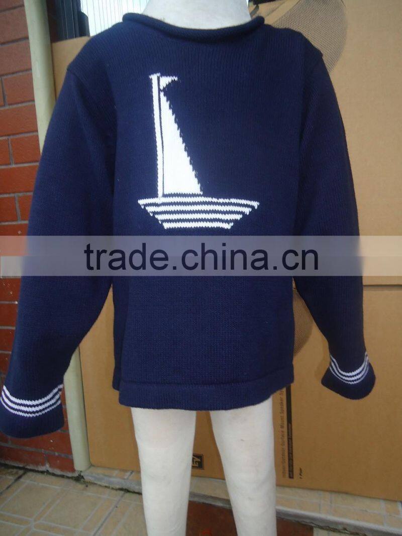 child teenager kids sailing boat pattern dark navy blue pullover sweater