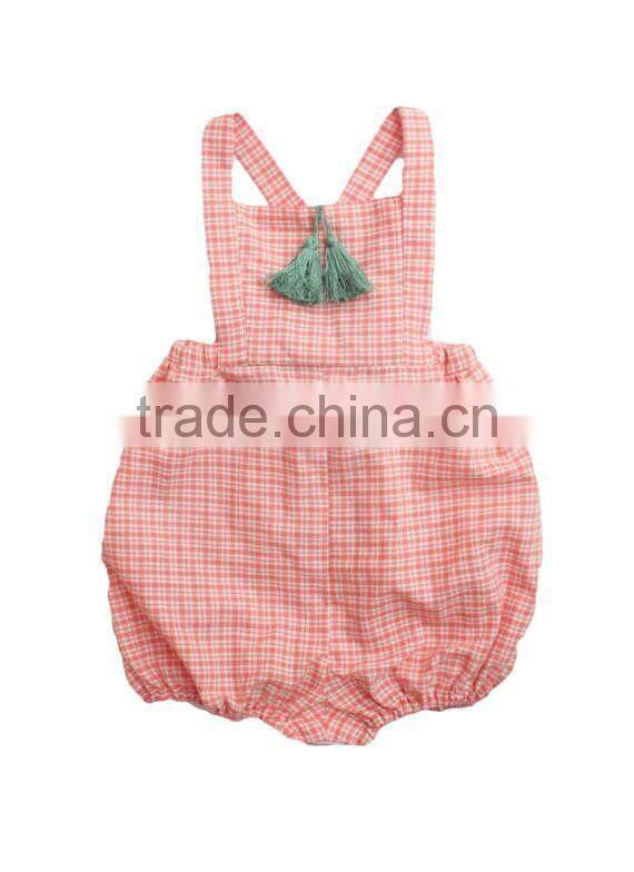 Peach Gingham Kid's Romper Baby Girls Check Cotton Boho Tassles Bubble