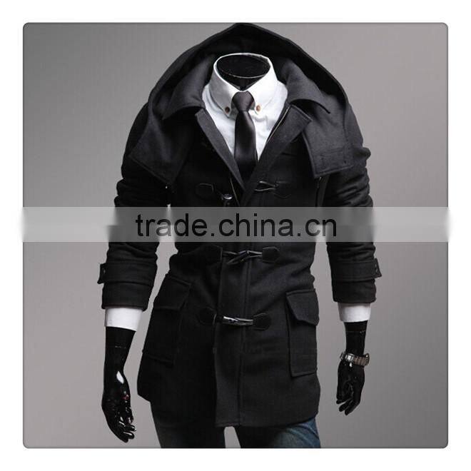Hot sale cotton and polyester mixed stand collar with hat black and gray 4 size for choice woolen men coat clothing