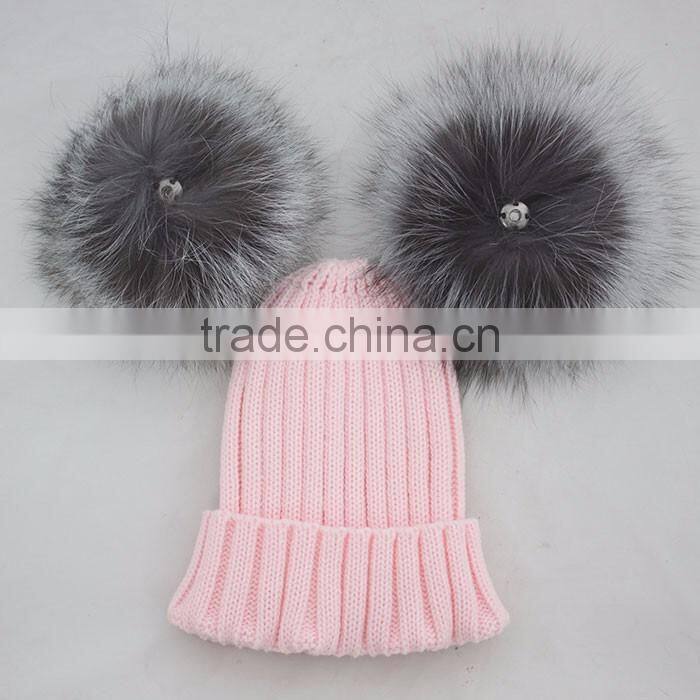 Myfur Female Warm Genuine Fur Bobble Beanie Real Fur Pom Pom Fox Knitted Beanie Hat Warm Winter Cap