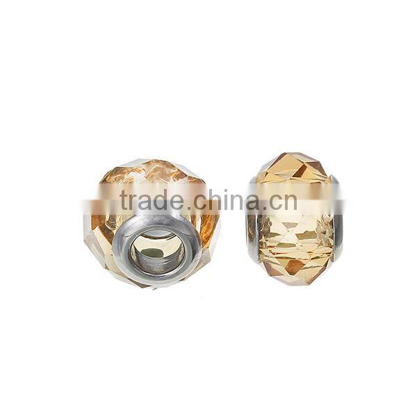 Lampwork Glass European Style Large Hole Beads Round Faceted Champagne Transparent With 304 Stainless Steel Silver Tone Core