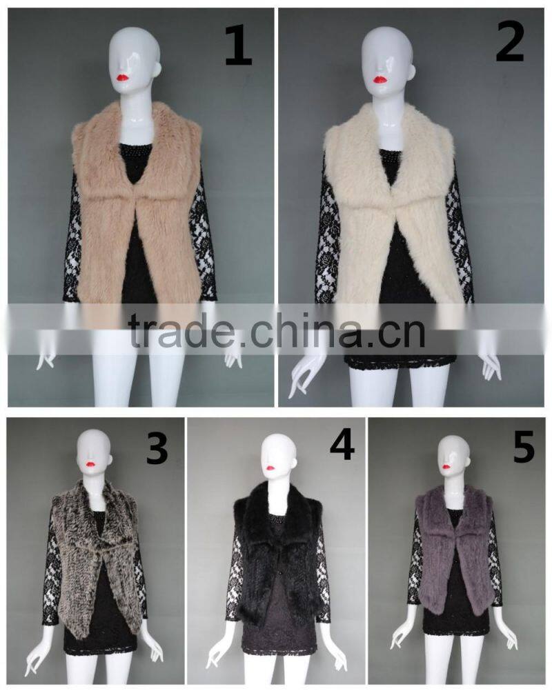 Lady pretty short rabbit fur knitted vest with square collar new style