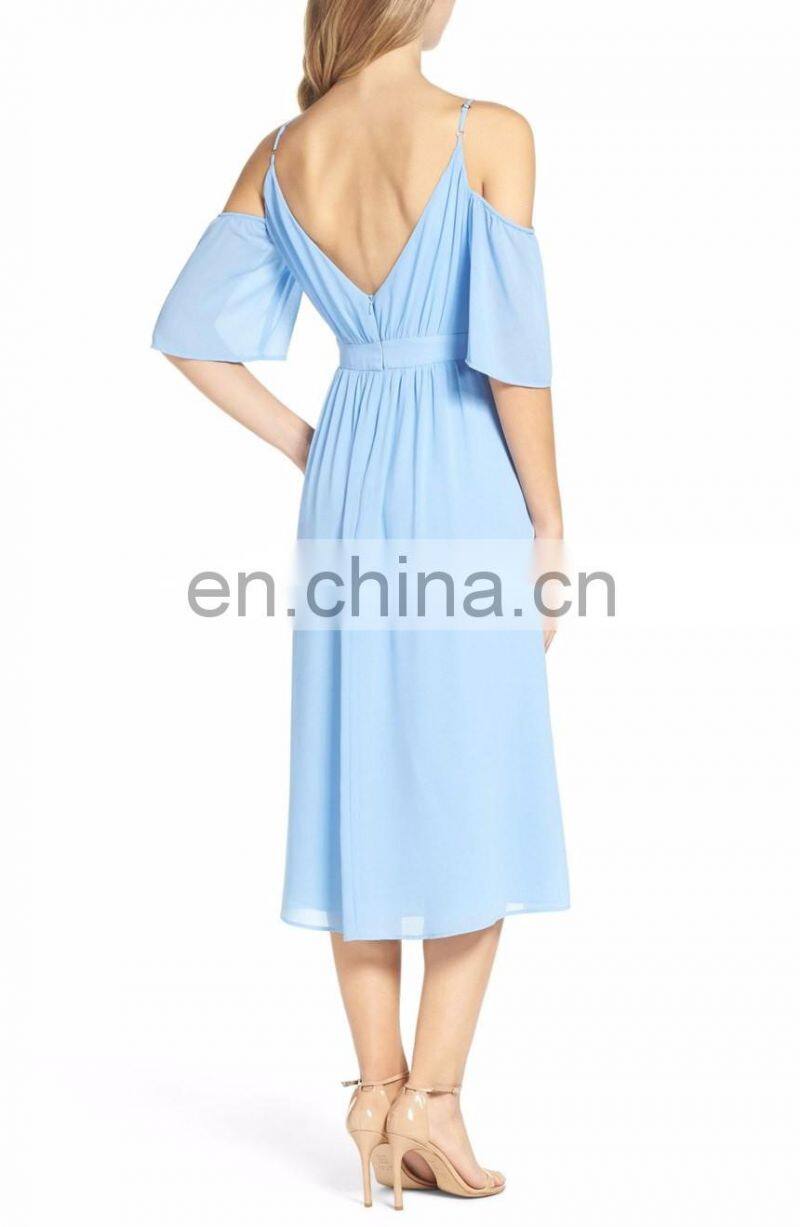 Cold Shoulder Fashion Midi Dress with Adjustable Straps