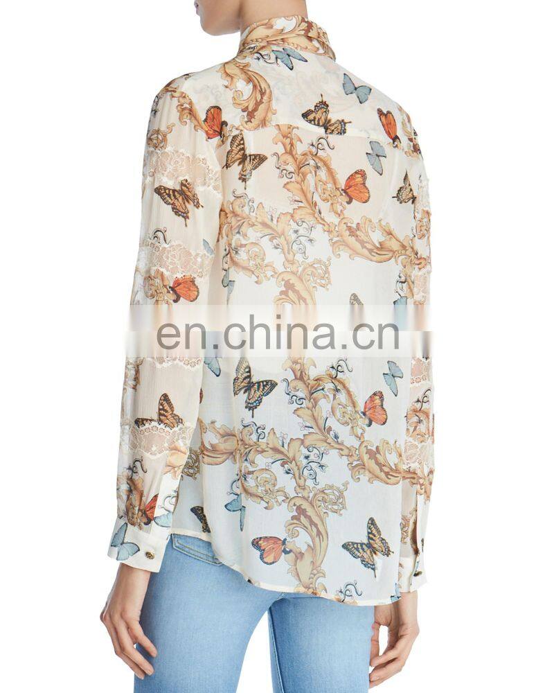 High Quality Latest Butterfly Printed Shirt Semi-Sheer Silk Blouse Women