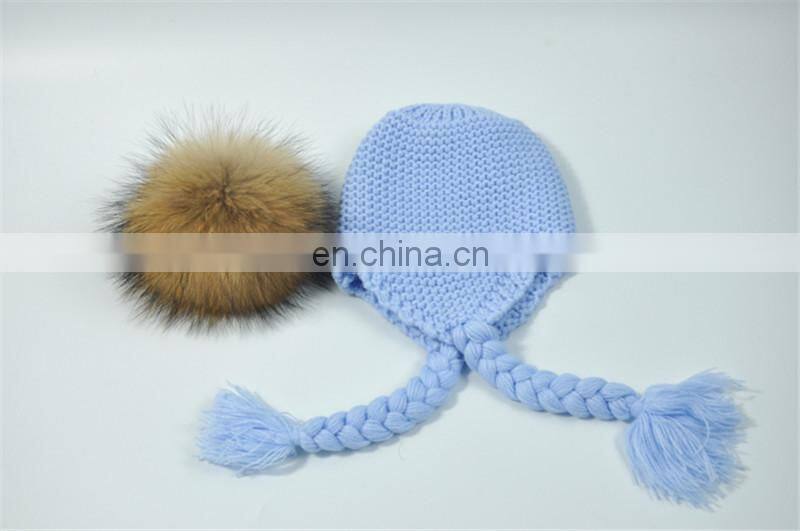 High Quality Knitted Beanies Colorful Big Raccoon Fur Pom Pom Winter Hat Beanie Kids