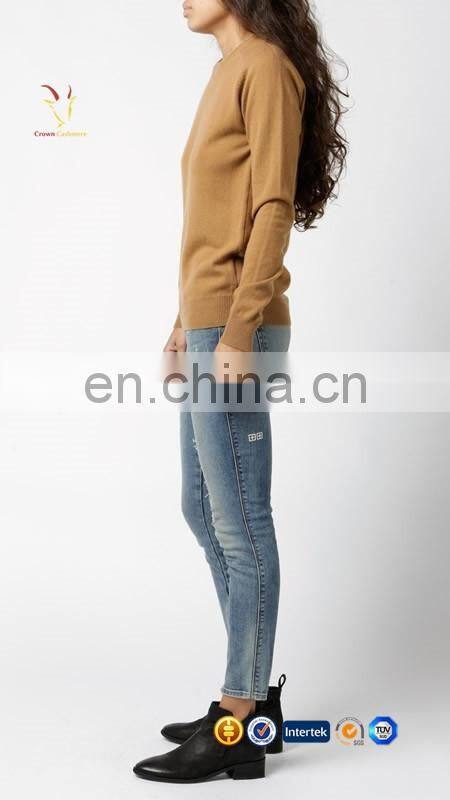 Fashionable long sleeve crew neck cashmere pullover sweater for ladies