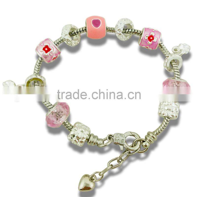 Fashion european beads pink charm bracelet european beaded pink tone charm bracelet