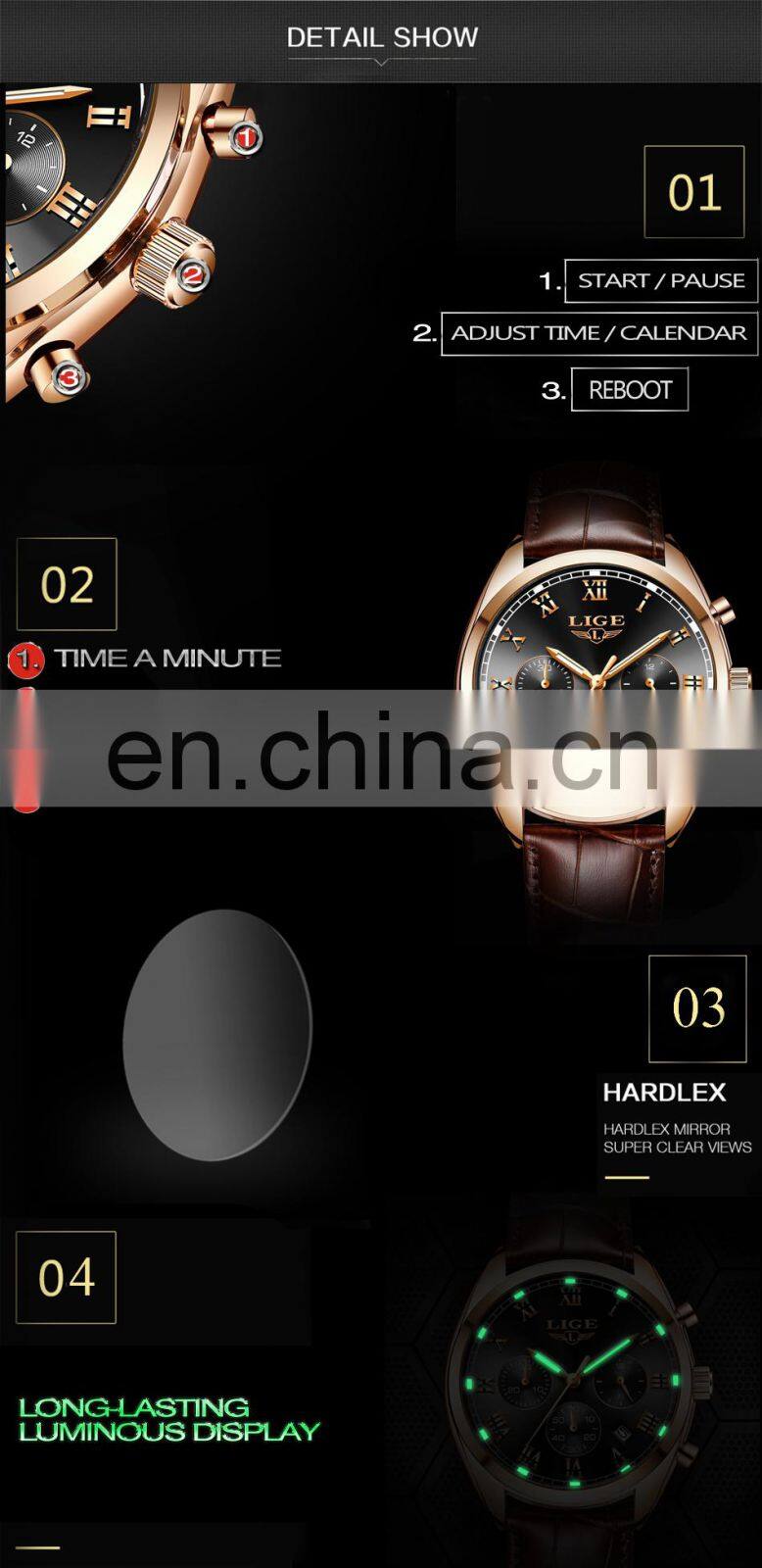 Lige 9852 24 Hour Date Men Quartz Watch Reloj Waterproof Clock Luxury Leather Watches Men Lige Brand