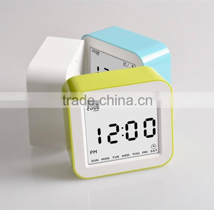 Best Teenager Home Promotional Gift OEM Multi-function Smart Digital Rotation Control Auto Light LCD Bedside Alarm Table Clock