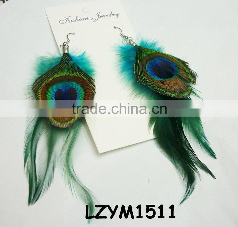 Long natural Peacock feather dangling earrings
