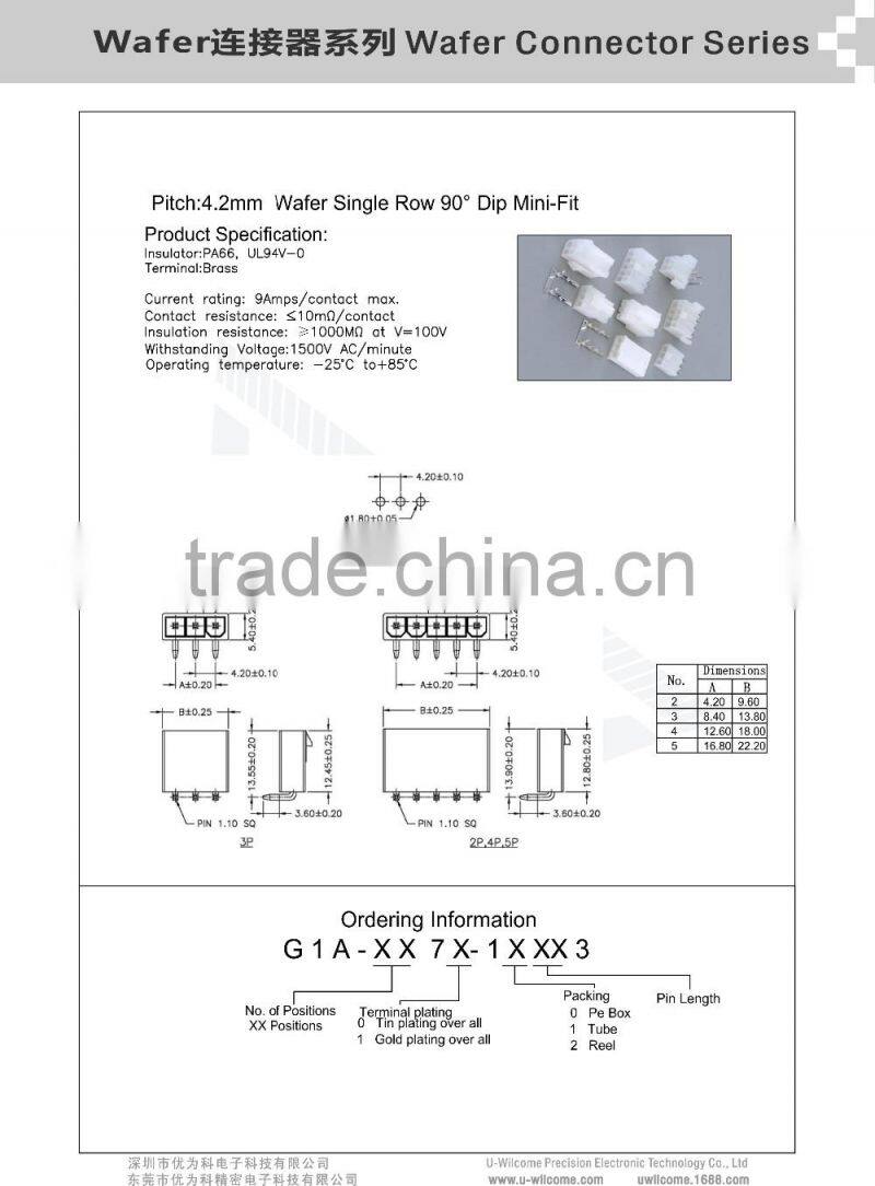 Pitch:4.20mm Wafer Single Row 90 Angle Dip Mini-Fit Electrical Components 6 Pin Connector