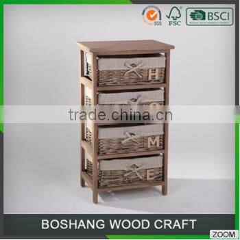 Small Cheap Indoor Storage Wooden Cabinet with many Wicker Drawers