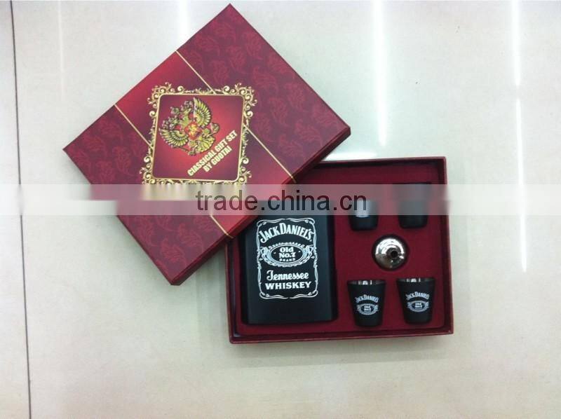 9oz and 18oz hip flask add to four cups and a Funnel in gift set box