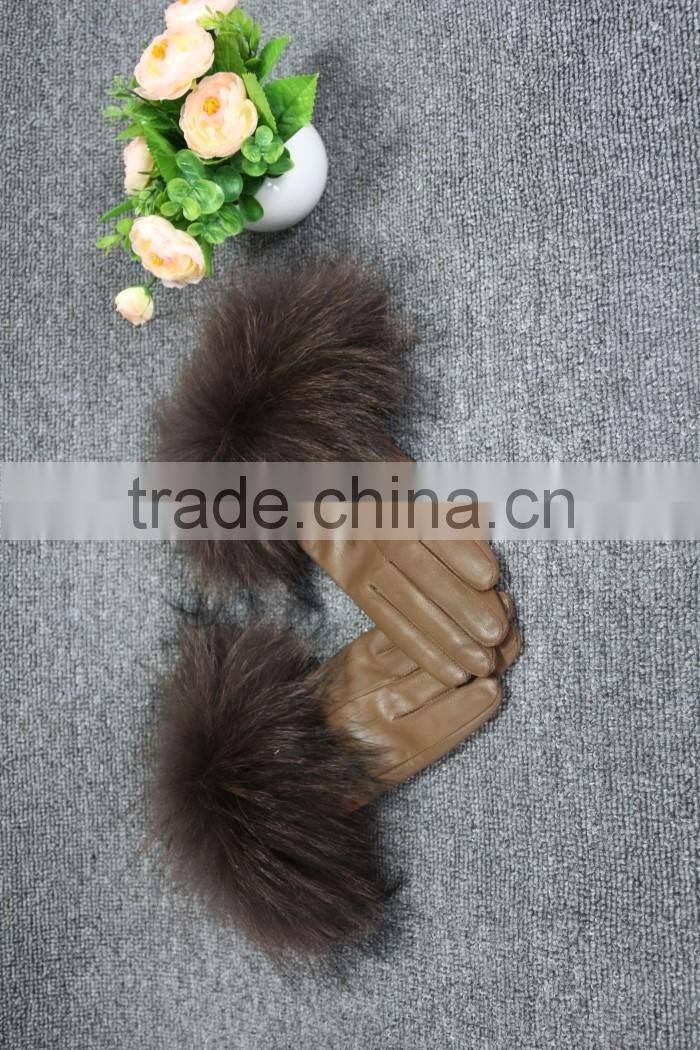 women classic elegant raccoom fur cuff trim sheep leather gloves