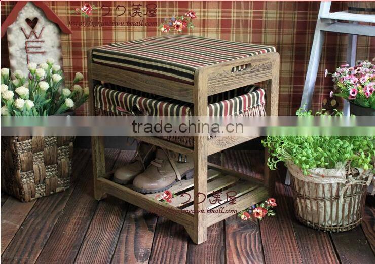 Modern rural style top grade wood footstool with weaving baskets
