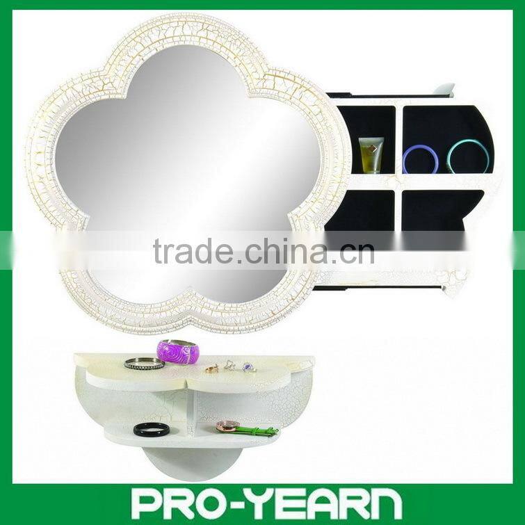 Wall Mounted Wooden Mirrored Jewelry Cabinet with Flower Shape and Bottom Shelf