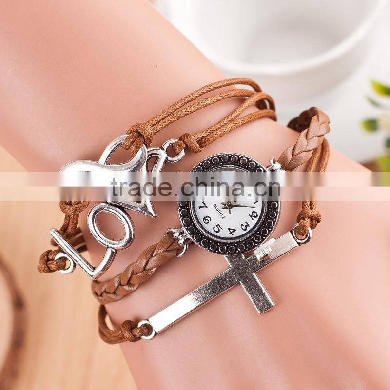 In Stock 8 Colors Fashion Women Handmade Women Watch Retro Leather Bracelet Heart Decoration Quartz WristWatches