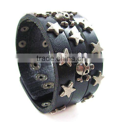 Handmade Wide Leather Skulls & Stars Wrap Bracelet