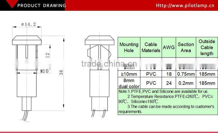 10mm 12v Oven led indicator lighting with LED bulb pilot signal lamp 18.5cm wire