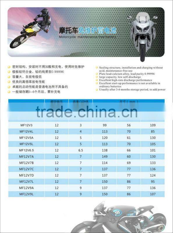 Maintence Free Battery 12V7D lead acid moto batteries 12V7ah batteries