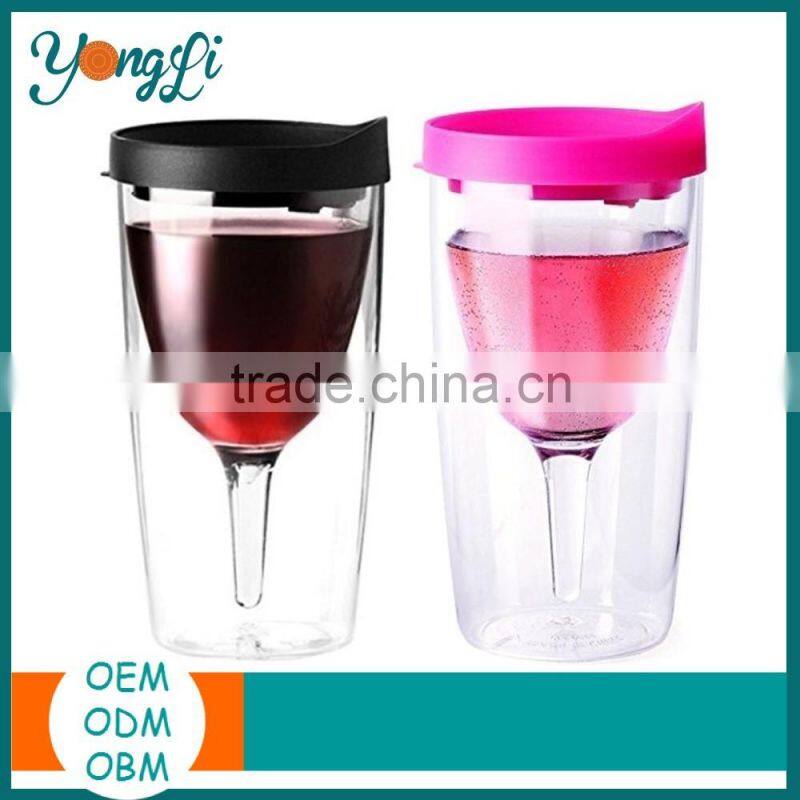 Through Lid Double Walled Plastic Wine Glasses Tumbler Cup
