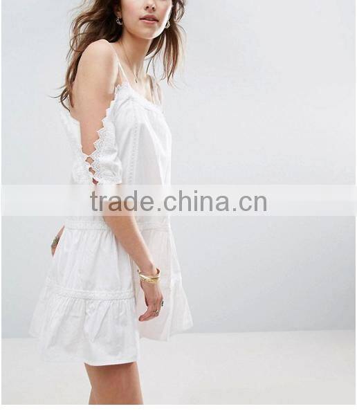 Women Summer Bohemian Casual Wear, Swing Style Ivory Top Woven Lace Cotton Mini Dress