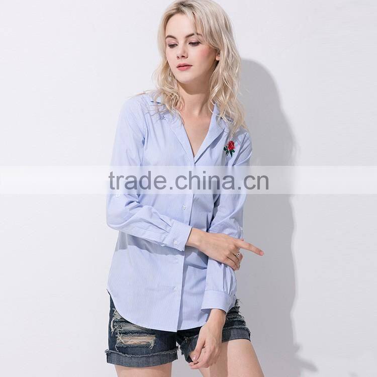 2017 Latest Fashion Lady Long Sleeve Stripe Casual Blouse Design