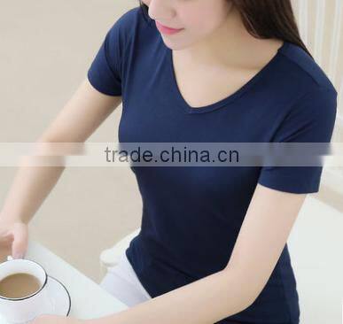 2016 Latest Summer Women Solid Color Heart-shaped Collar Modal Slim Base Short Sleeve T-shirt