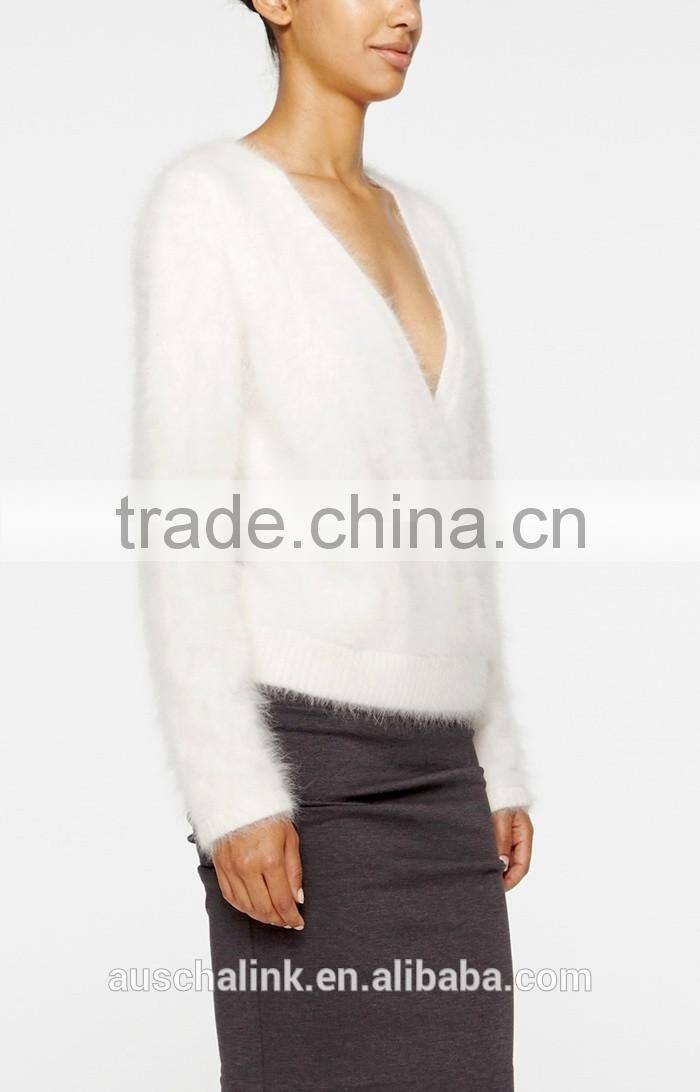personalized lady ivory V neck ribbed hem100% angora sweater