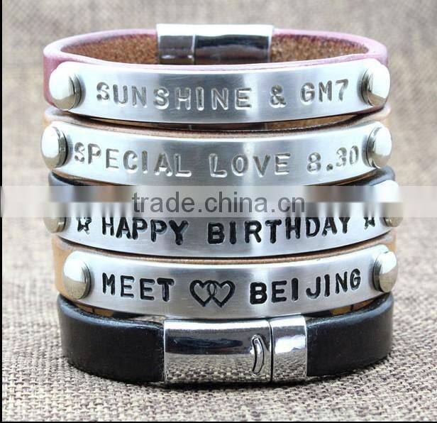 Custom lover's genuine leather anniversary bracelets with words engraved