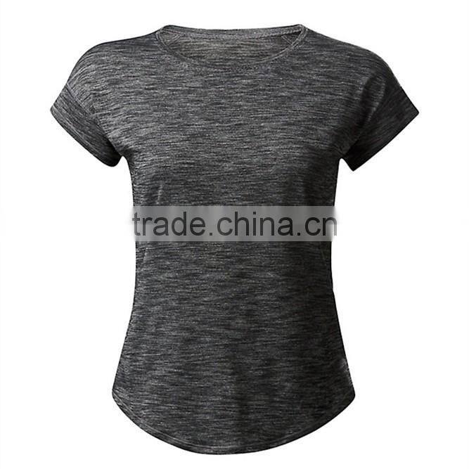 Cheap Wholesale Sports Dry Fit 100% Polyester O Neck T Shirt for Women Heather Grey Curved Hem Short Sleeve T Shirt