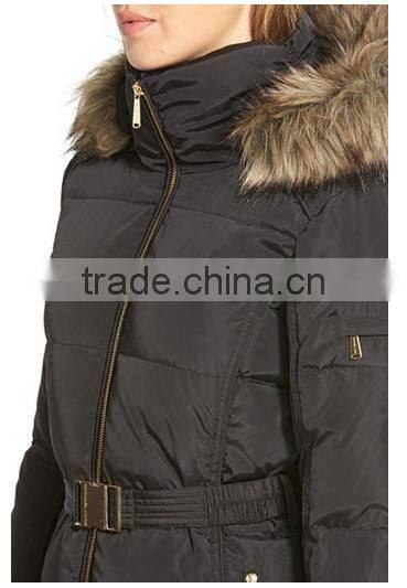 Belt-cinched Waist Padding Quilting Womens Parka With Fur