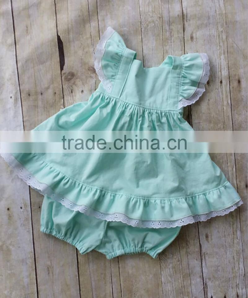 Hot Sale Baby Clothes Navy Nlue Polka Dots Outfit Lace Trim Kids Girls With Ruffle Bloomer Set