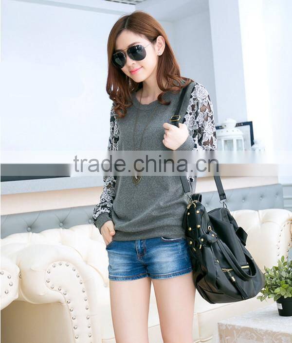 Korean style slim round neck long batwing sleeve women lace stitching plus size blank t-shirt