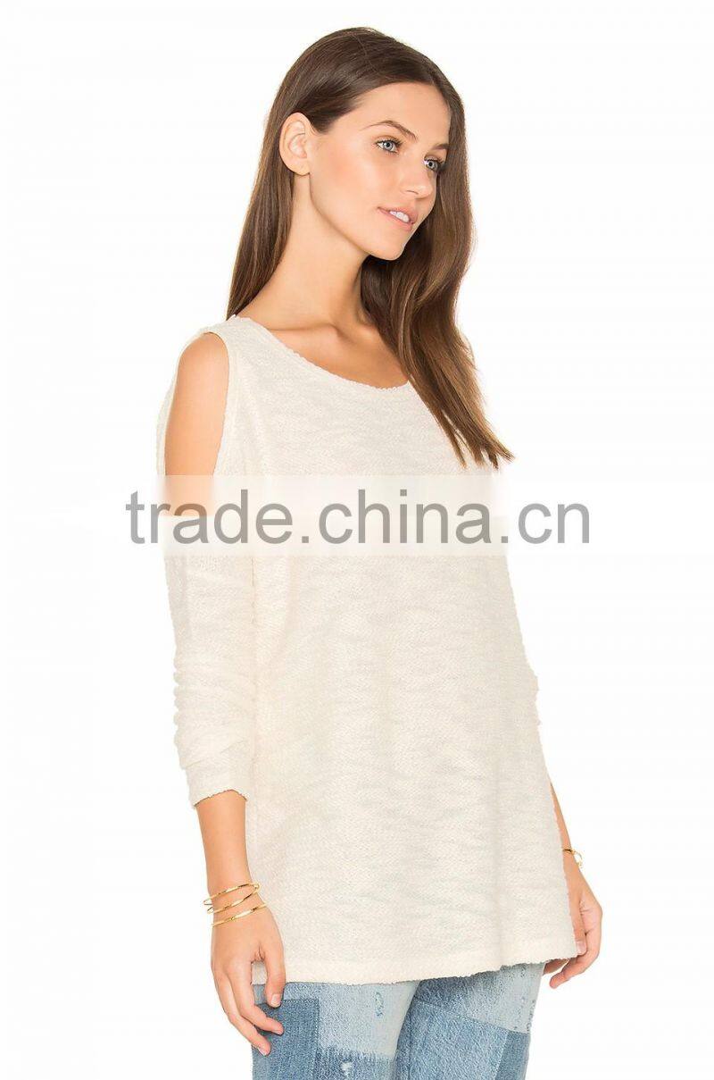 Hot selling open shoulder lace applique woman sweater wholesale woman blouse design sweater 2017
