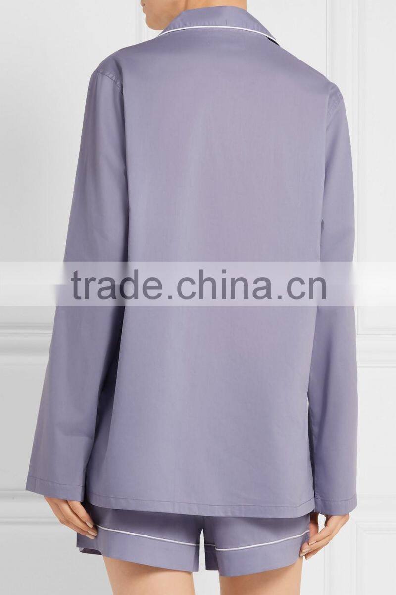 High Quality Soft Shirt and Shorts Pajamas Set with Buttons Fastening and Ribbon through Waist