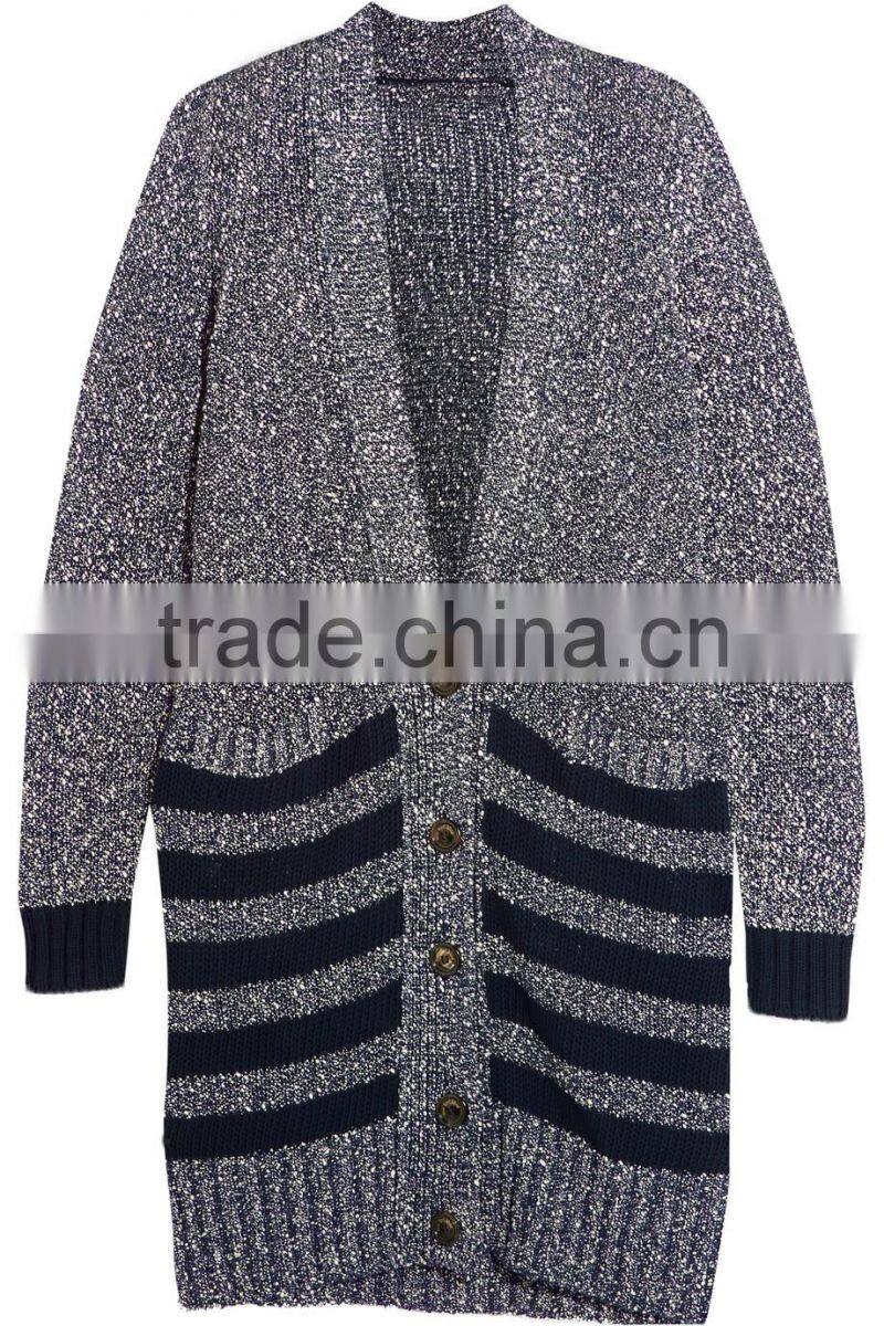 Newly Arrival Thick Black Strips Pattern Cardigan Knitwear for Women with Button Fastening and Two Waist Pockets