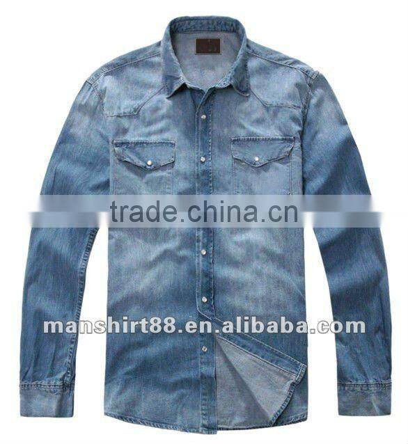 High quality Light blue 100%Cotton Washed Denim/Retro Cowboy Shirt for men with S,M,L,XL,XXL
