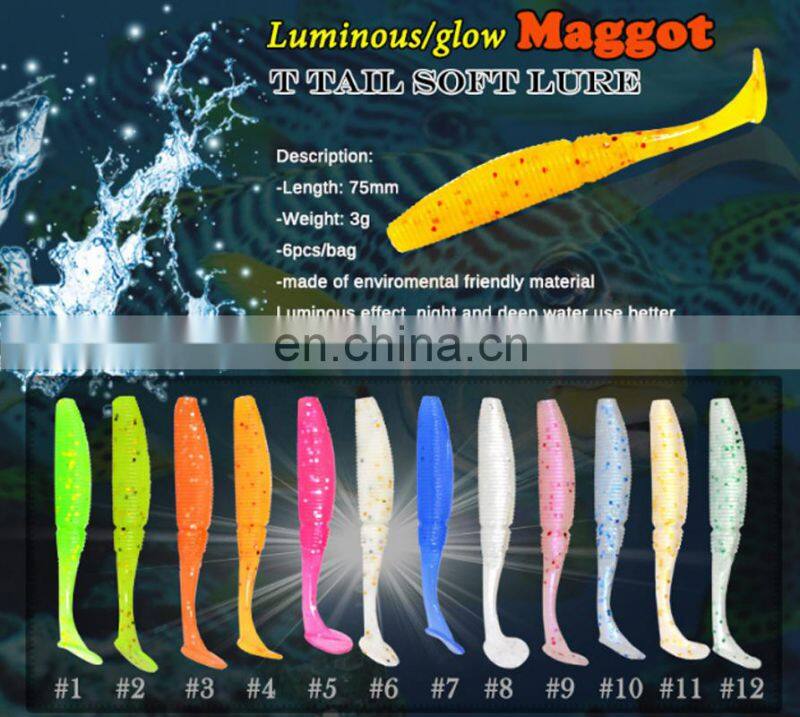 7.5cm 3g 6 pcs Per Bag Luminous T-Tail Grub Worm Fish Bait Fishing Soft Lure