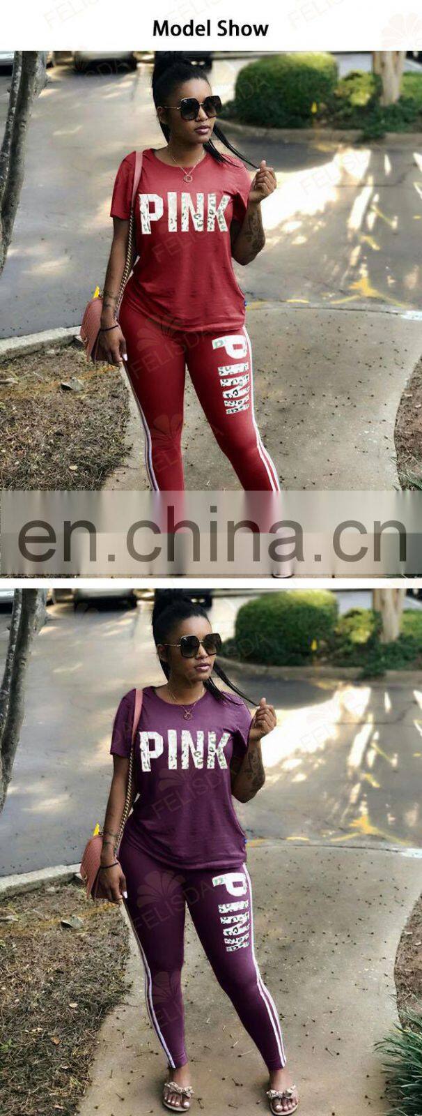 Custom Pink Letter Print Sweatsuit Women Set Plus Size Set Short Sleeve Tops Skinny Pant Tracksuit Fall Casual 2 Piece Set