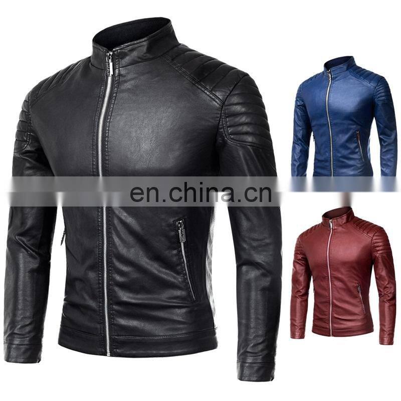 Fashion Men Stand Collar Zipper Leather Jacket Motorcycle Leather Jacket Coat