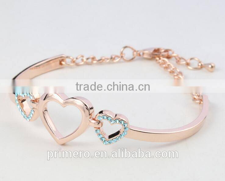 Fashion 18k Rose Gold Plated Three Heart Clear Austrian Crystal Bracelets & Bangles