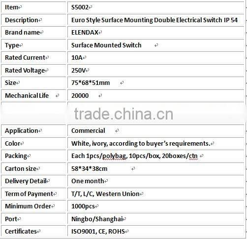 IP 54 Euro Style Surface Mounting Double Electrical Wall Switch (S5002)