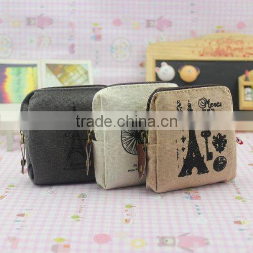 Small canvas Portable Linen Money Coins Case Makeup Zipper Bag Pouch