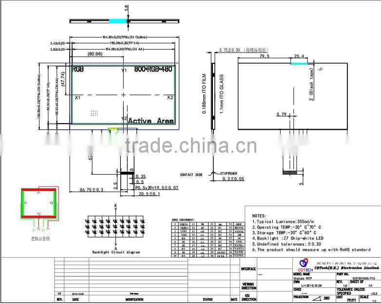High quality 800x480 resolution 7 inch TFT capacitive LCM