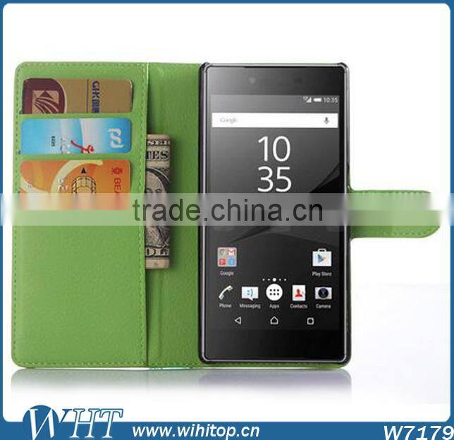 New Arrival Litchi Leather Wallet Flip Stand Pouch Cover Case for Sony Xperia Z5