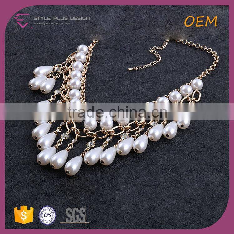 N74438I01 STYLE PLUS shiny gold plate latest design white stone necklace set pearl chain necklace designs for woman