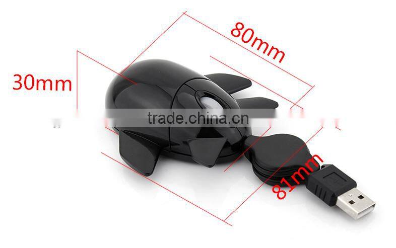 aeroplane shaped wired optical mouse with retractable cable